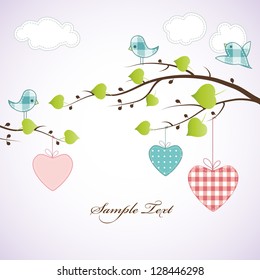 Card design with birds on the branch and hearts.