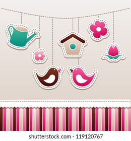Card design. Birds in Spring. Patchwork style.
