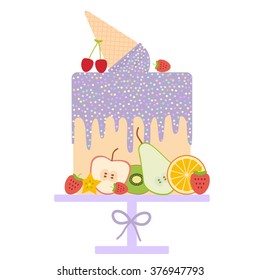 Card design - Birthday, valentine's day, wedding, engagement. Sweet cake, Ice cream waffle cone, lilac icing sprinkles, fruit, pastel colors on white background. Vector