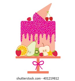 Card design - Birthday, valentine's day, wedding, engagement. Sweet cake, pink Ice cream waffle cone, pink icing sprinkles, fruit, pastel colors on white background. Vector illustration