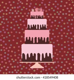 Card design - Birthday, valentine's day, wedding, engagement. Sweet cake, pink cream chocolate cake, cake pops, pastel colors on brown polka dot background. Vector