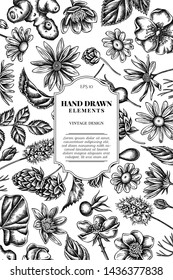 Card design with black and white celandine, chamomile, dog rose, hop, jerusalem artichoke, peppermint