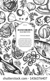 Card design with black and white garlic, cherry tomatoes, peas, fish, shrimp, cabbage, beef, buns and bread, croissants and bread, basil, rosemary