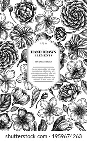 Card design with black and white hibiscus, plum flowers, peach flowers, sakura flowers, magnolia flowers, camellia japonica