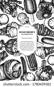 Card design with black and white ice cream bowls, ice cream bucket, popsicle ice cream