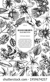 Card design with black and white laelia, feijoa flowers, glory bush, papilio torquatus, cinchona, cattleya aclandiae
