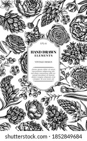 Card design with black and white peony, carnation, ranunculus, wax flower, ornithogalum, hyacinth