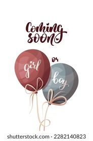 Card design with Blue and pink balloons with words "boy" and "girl" on it. Gender party, Baby waiting, pregnancy concept. Vector illustration for poster, card, postcard, cover.