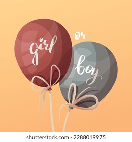 Card design with Blue and pink balloons with words "boy" and "girl" on it. Gender party, Baby waiting, pregnancy concept. Square Vector illustration for poster, card, postcard, cover.