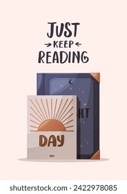 Card design with books and handwritten text. Bookstore, bookshop, book lover, reading, interior concept. Vector illustration for card, postcard, cover.