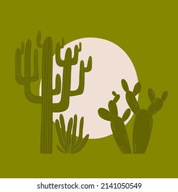 card design with cacti and sun. hand drawn vector illustration.