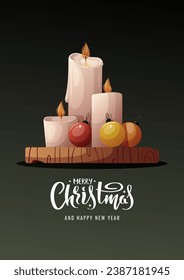 Card design with candles and Christmas balls for Merry Christmas and Happy New Year. Vector illustration for poster, banner, card, postcard, cover.