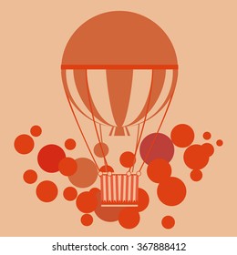 card design with cartoon air balloon. cartoon air balloon is on a background. orange and red circles