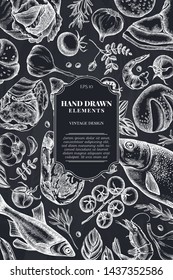 Card design with chalk garlic, cherry tomatoes, peas, fish, shrimp, cabbage, beef, buns and bread, croissants and bread, basil, rosemary