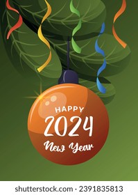 Card design with Christmas ball and pine tree branches for Happy New Year 2024. Christmas balls, serpentine, Christmas tree. Vector illustration for poster, banner, card, postcard, cover.