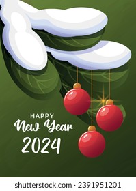 Card design with Christmas balls and pine tree for Happy New Year 2024. Christmas balls, serpentine, Christmas tree. Vector illustration for poster, banner, card, postcard, cover. Vector illustration