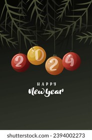 Card design with Christmas tree and balls. Handwritten lettering. Vector illustration for poster, banner, card, postcard, cover.