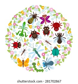 Card design in a circle Funny insects Spider butterfly dragonfly mantis beetle wasp ladybugs on white background. Vector