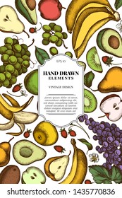 Card design with colored apples, pears, avocado, kiwi, grapes, bananas, strawberry