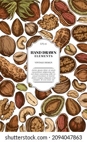 Card design with colored cashew, peanut, pistachio, hazelnut, almond, walnut