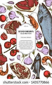 Card design with colored garlic, cherry tomatoes, fish, shrimp, beef, rosemary