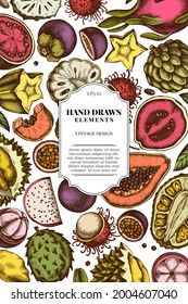 Card design with colored papaya, guava, passion fruit, starfruit, durian, rambutan, pitaya, jackfruit, sugar-apple, soursop, mangosteen