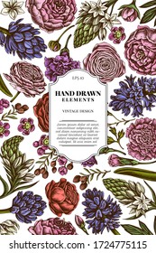 Card design with colored peony, carnation, ranunculus, wax flower, ornithogalum, hyacinth
