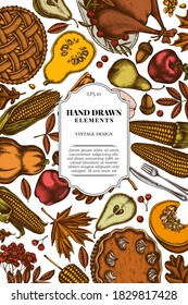 Card design with colored pumpkin, fork, knife, pears, turkey, pumpkin pie, apple pie, corn, apples, rowan, maple, oak
