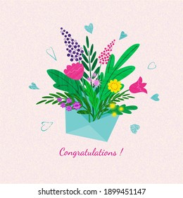 Card design with colored spring flowers in the the envelope on the pink textured background. Vector flat illustration with brush texture. 