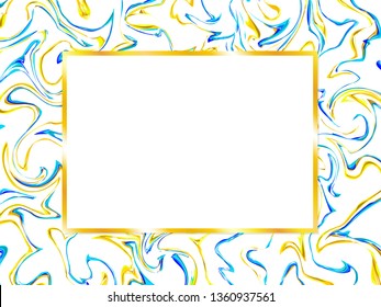 Card design with colorful marble pattern. Elegant concept in blue, white and yellow colors. Gold frame in the middle. Space for the copy.