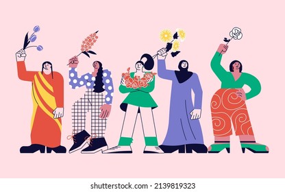 Card design concept of Women choose flowers in support of peace. Diverse international, interracial and multi age group of women fight for empowerment. Flat Art Vector illustration