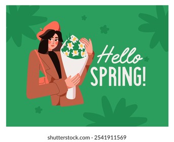 Card design of congratulations with spring holiday, Women's Day. Happy young woman holds wrapped posy of narcissus flowers. Cute girl in beret with bouquet of daffodils. Flat vector illustration