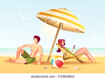 Diseño de cartas con una pareja sentada bajo una sombrilla en la playa. Ilustración vectorial para vacaciones en la playa, vacaciones de verano, ocio, descanso, naturaleza.