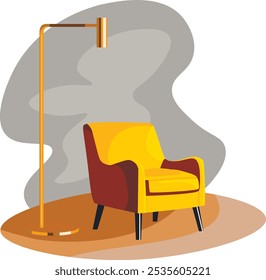 Card design with a cozy chair.  Interior. Vector illustration for postcard, poster, postcard.