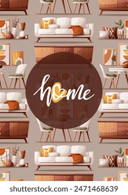 Card design with cozy sofa, dining table, tv stand, interior decor. "home" handwritten lettering. Vector illustration for postcard, poster, card.