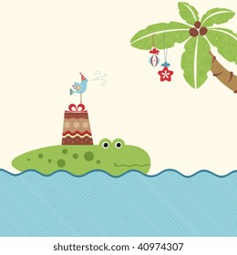Card design with crocodile, gift, palm, christmas ornaments and bird.