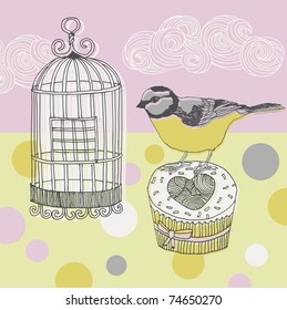 card design with cupcake, bird and cage.