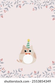 Card  design of cute brown kitten wearing a party hat. Cat  in flat style vector illustration. Red berry botanical frame with pink background.  Blank and  text space.