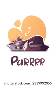 Card design with cute cat sleeping on the cat bed. Pet, kitty, domestic life, animal concept. A4 Vector illustration for poster, card, postcard, cover.