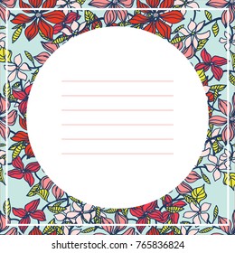 Card design. Cute floral vector card. Memos, to do list template, letter template, background for letter paper