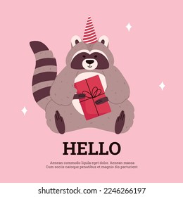 Card design with cute funny raccoon in birthday hat, flat cartoon vector illustration on pink background. Birthday card mockup with lovely and sweet raccoon.