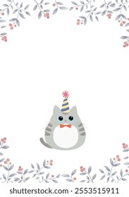 Card  design of cute gray kitten wearing a party hat. Cat  in flat style vector illustration. Red berry botanical frame.  Blank and  text space.