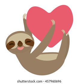 Card design cute kawaii Three-toed sloth holding red heart, copy space isolated on white background. Vector