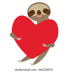 Card design cute kawaii Three-toed sloth holding red heart, copy space isolated on white background. Vector