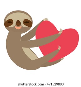 Card design cute kawaii Three-toed sloth holding red heart, copy space isolated on white background. Vector illustration