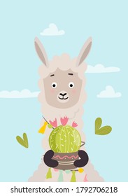 Card design with cute llama holding a potted cactus. Vector illustration