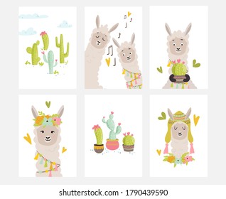 Card design with with cute llamas and cactus. Vector illustration for cards, invitations, print, apparel, nursery decoration.