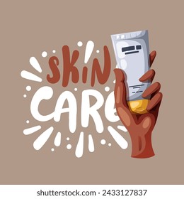 Card design with dark skin hand with tube of cream. Beauty, skin care, body care, cosmetic concept. Vector illustration for card, poster, banner.