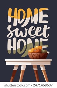 Diseño de tarjeta con mesa de comedor y frutas. Letras manuscritas de "Hogar, dulce hogar". Ilustración vectorial para postal, póster, tarjeta.