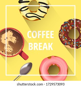 Card design for Donut Shop, Sweet products, Bakery, Coffee break, Dessert, Breakfast. Donuts with various topping and coffee. Square vector illustration for poster, banner, commercial, card. 